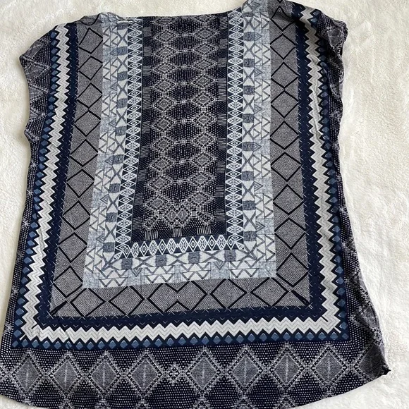 Lucky Brand tie waist sleeveless top blue / grey print sz large - Picture 10 of 12